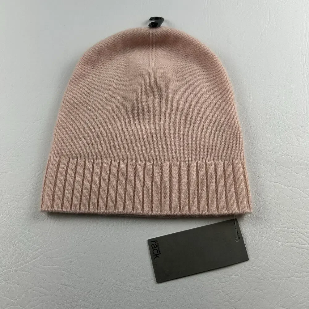 Nordstrom Rack 100% Cashmere Beanie Pink Ribbed Cuff Knit Winter Hat NWT